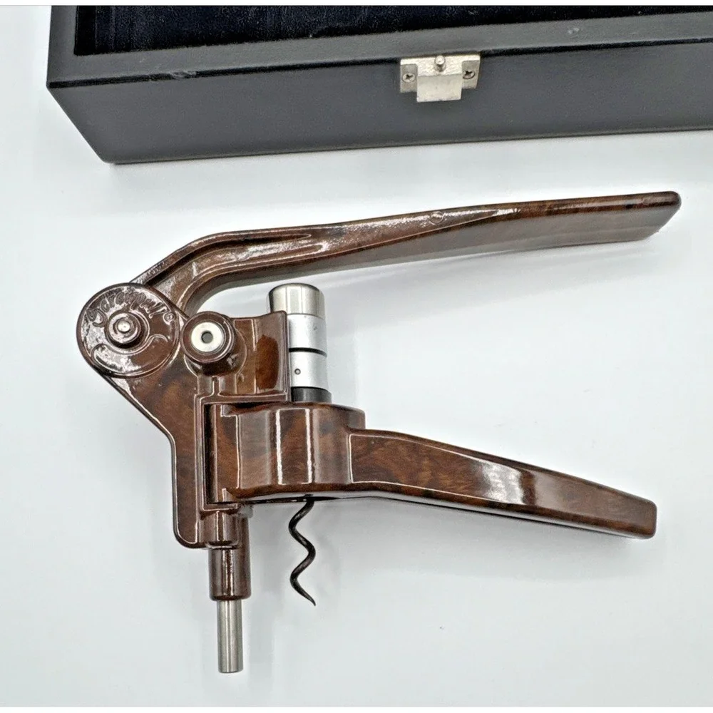 Vintage Screwpull LM-200 Lever Wine Opener Set Faux Burl Wood Le Creuset
